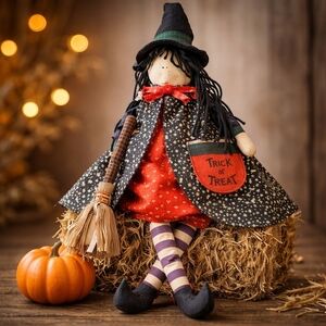 Vintage Handcrafted Sitting Halloween Witch Doll with Pumpkin